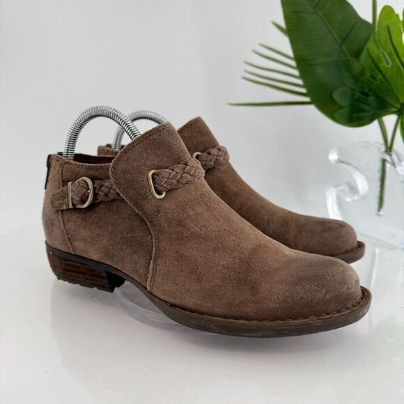 Born Womens Sylvia Boot Size 6.5 Brown Suede Distressed Braid Strap Boho Bootie - Picture 1 of 16